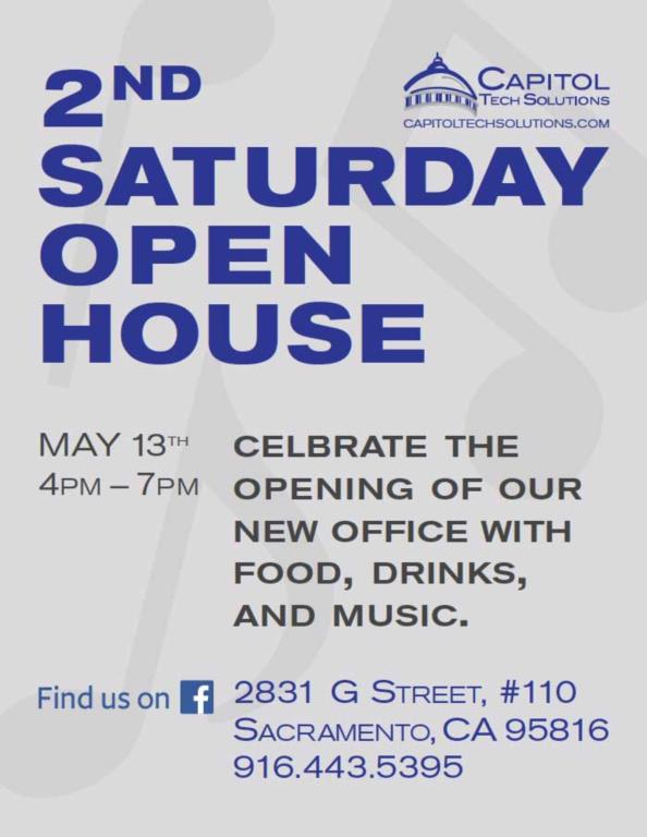 Capitol Tech Solutions poster says '2nd Saturday Open House May 13th. Celebrate the Opening of our new office'