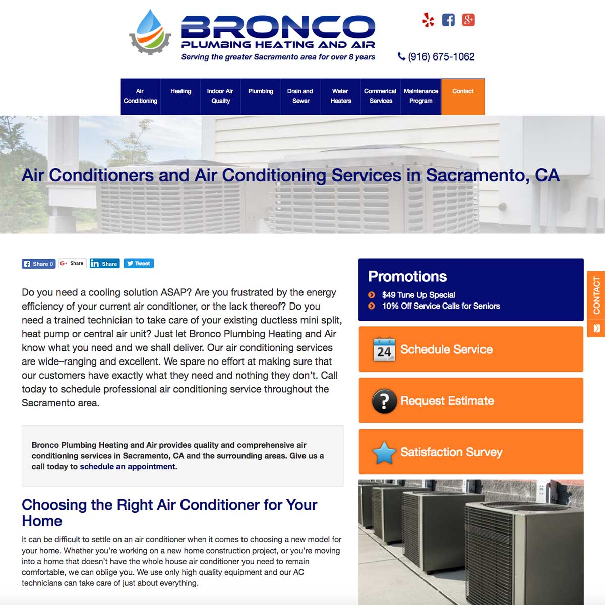 Screenshot of Bronco Plumbing Heating and Air inner page redesign