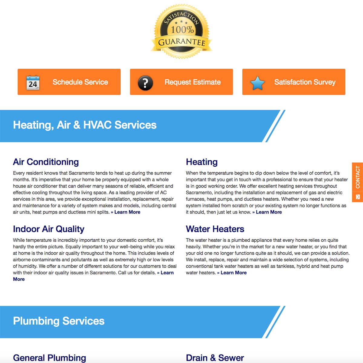 Screenshot of Bronco Plumbing Heating and Air services section redesign