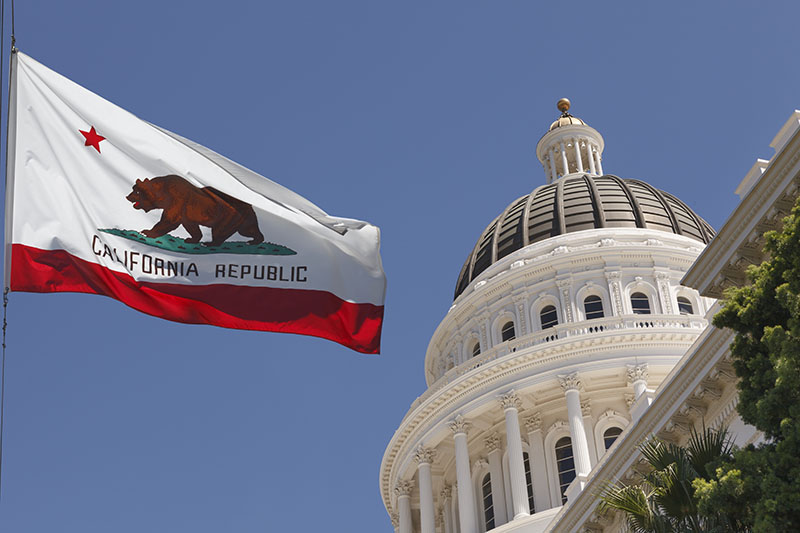 Photo of the California state capitol with the flag.