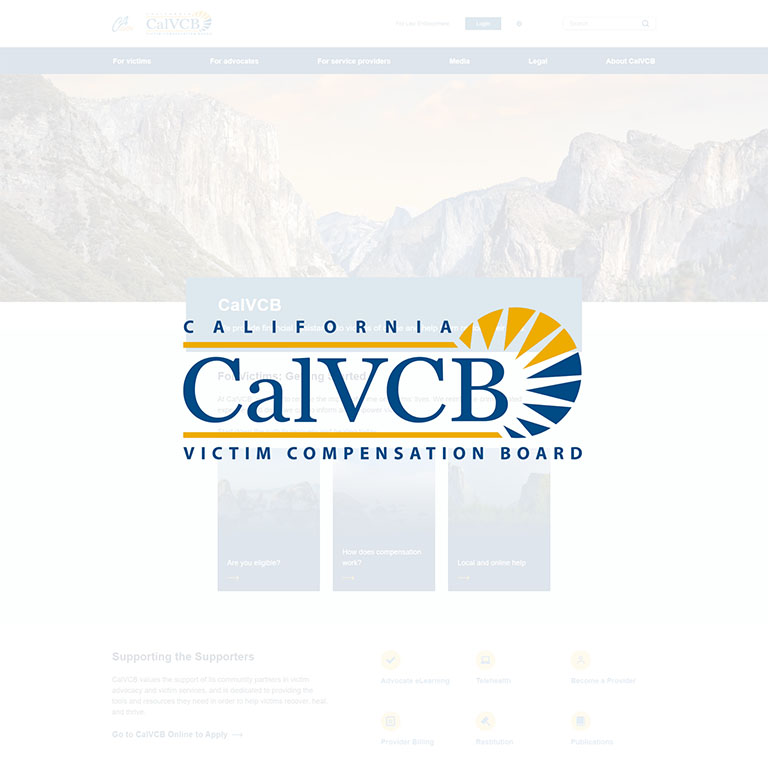 California Victims Compensation Board website with a subtle white gradient overlay. The prominent calvcb logo is positioned on top