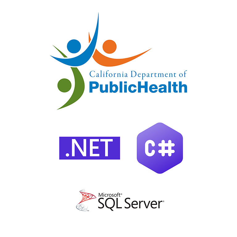 cdph-dotnet-sql-server-csharp Graphic showing the CDPH logo with .net, c#, and SQL Server logos