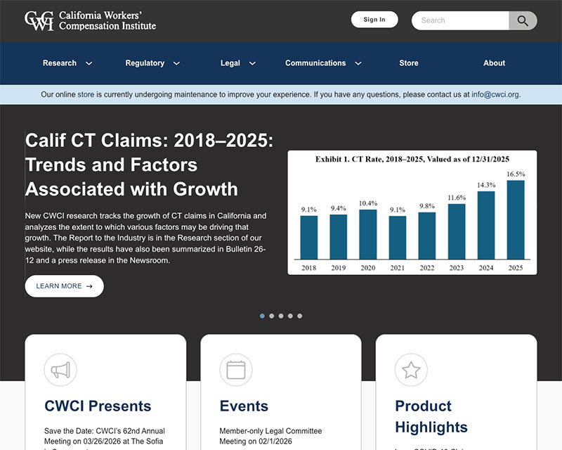After Screenshot of California Workers' Compensation Institute website redesign
