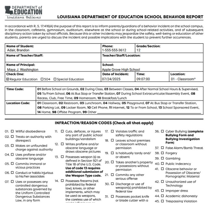 School Behavior Report Examples Louisiana School Behavior Report Integration with PowerSchool - DOE ...