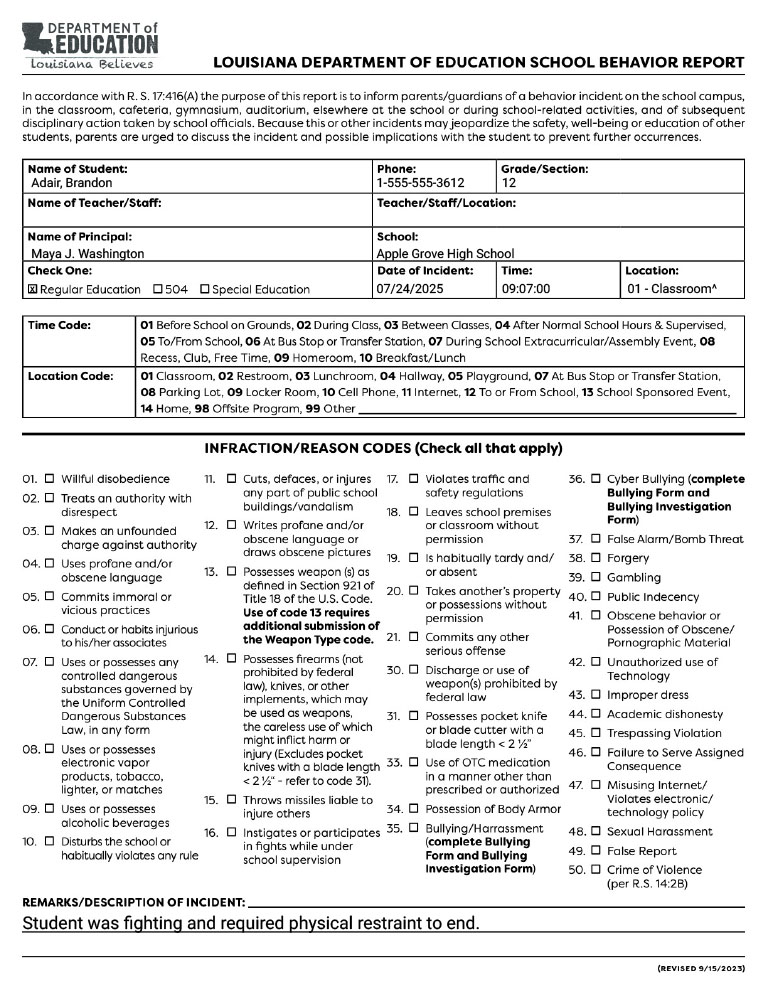 Louisiana Department of Education School Behavior Report