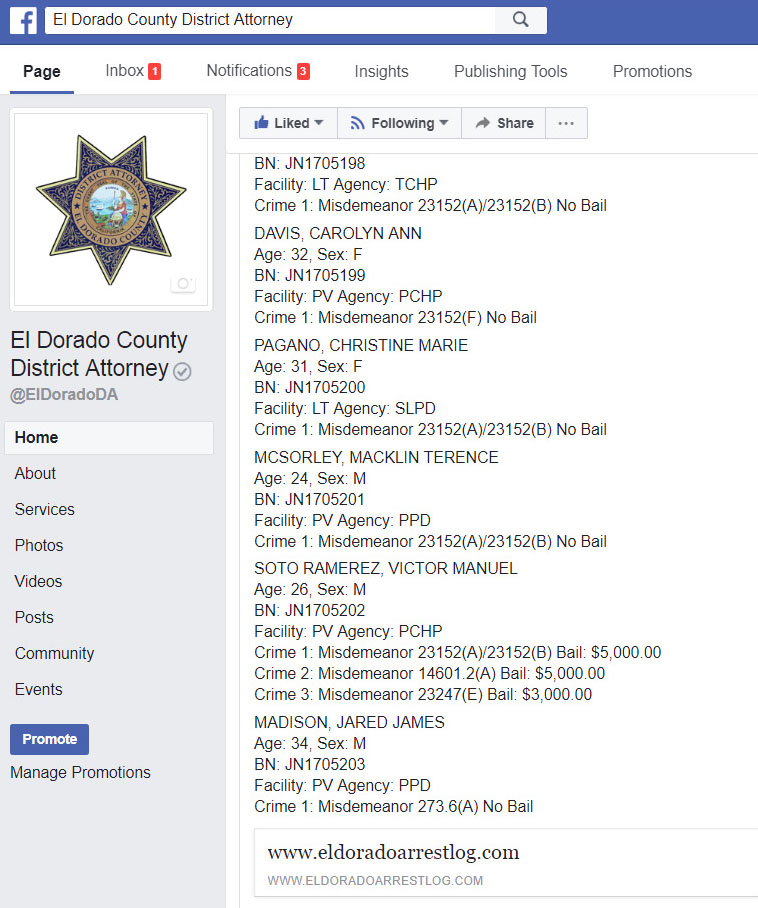 Photo of El Dorado DA's Facebook page using Capitol Tech Solution's automated posts using the Facebook API