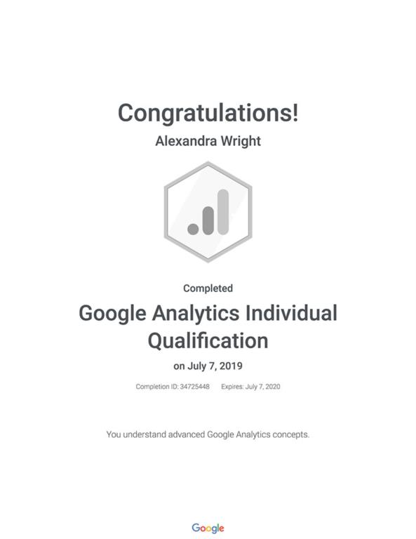 Alex Wright’s certification for Google Analytics