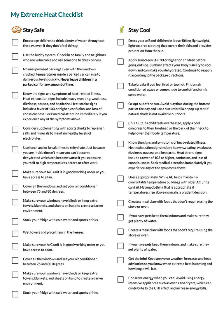 Based on the user's answers, the Heat Ready CA website generates a PDF checklist with life-saving tips to stay safe and cool