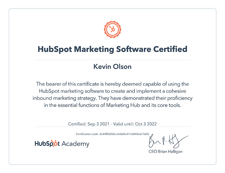 HubSpot Marketing Hub certification demonstrating proficiency in marketing using HubSpot and tool of the marketing hub