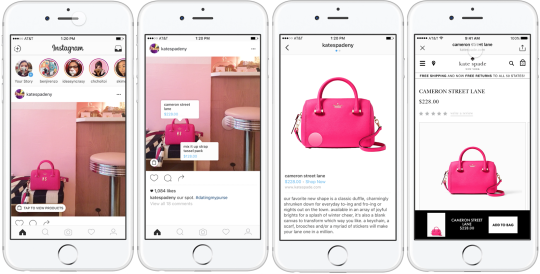 This is an image of four screen shots of the Instagram Shopping feature