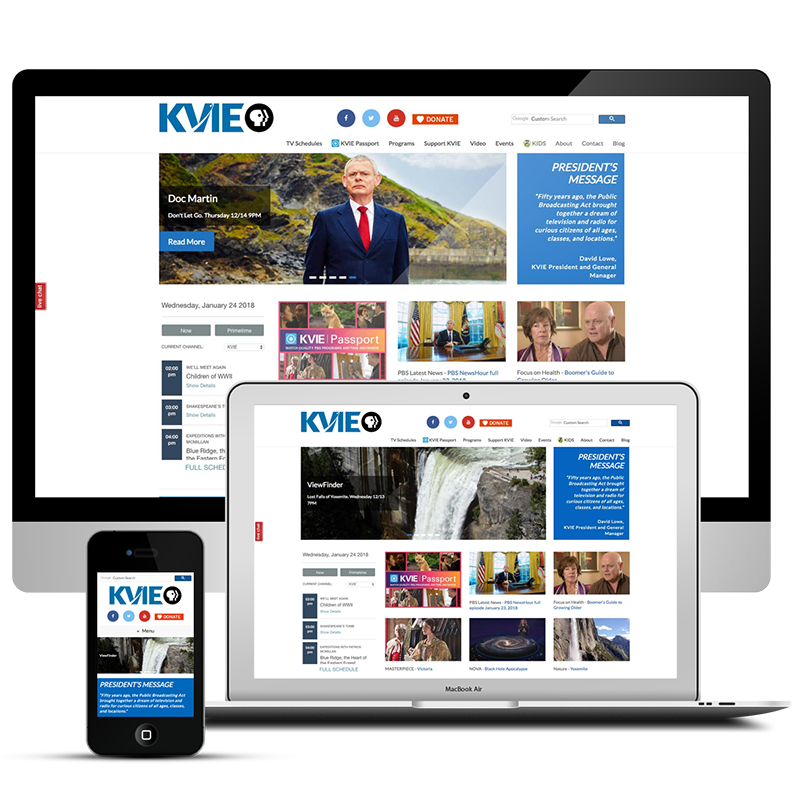 Photo of WordPress website design for KVIE, on desktop, laptop, and mobile screens