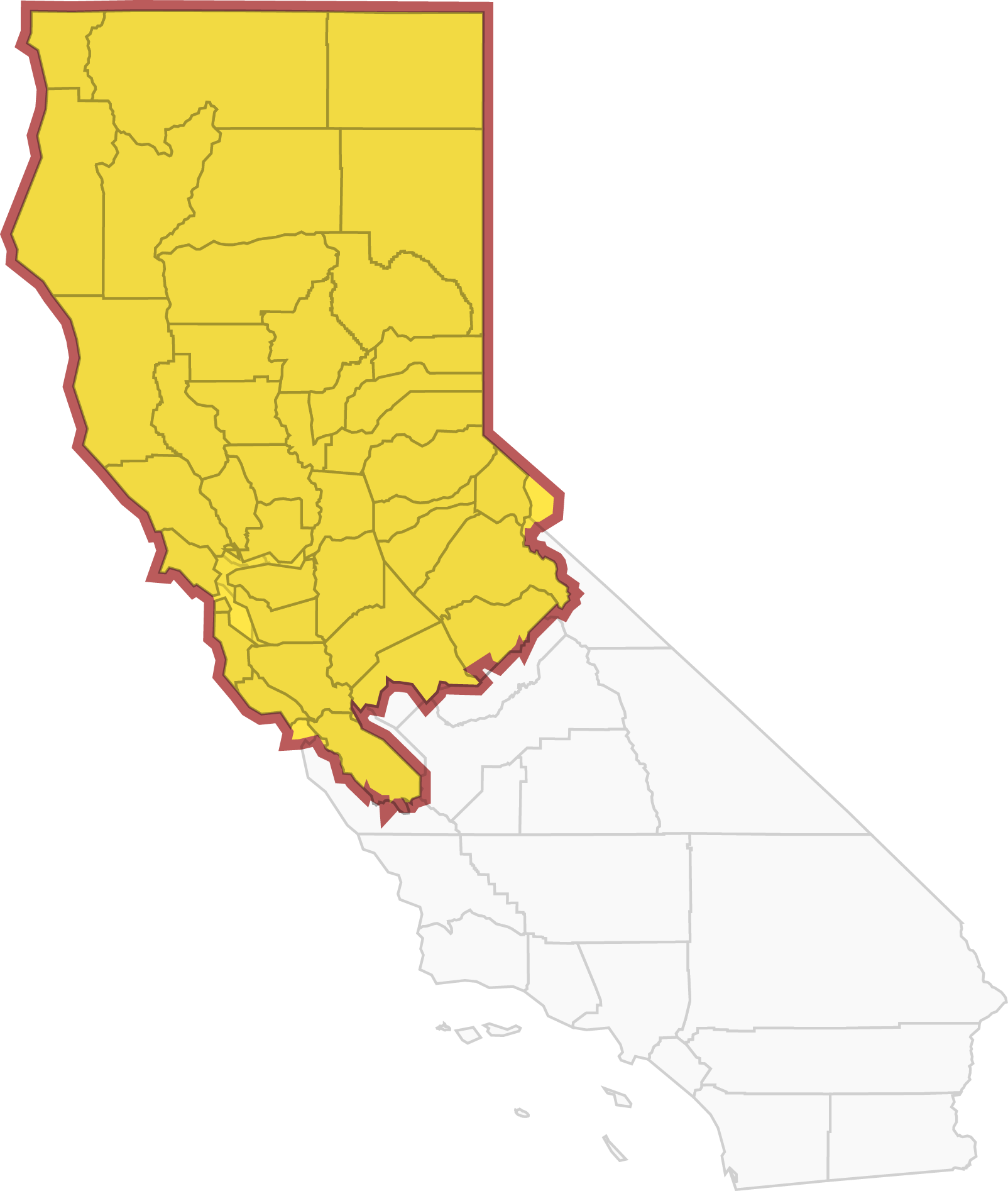 A map of California with the Northern California districts highlighted