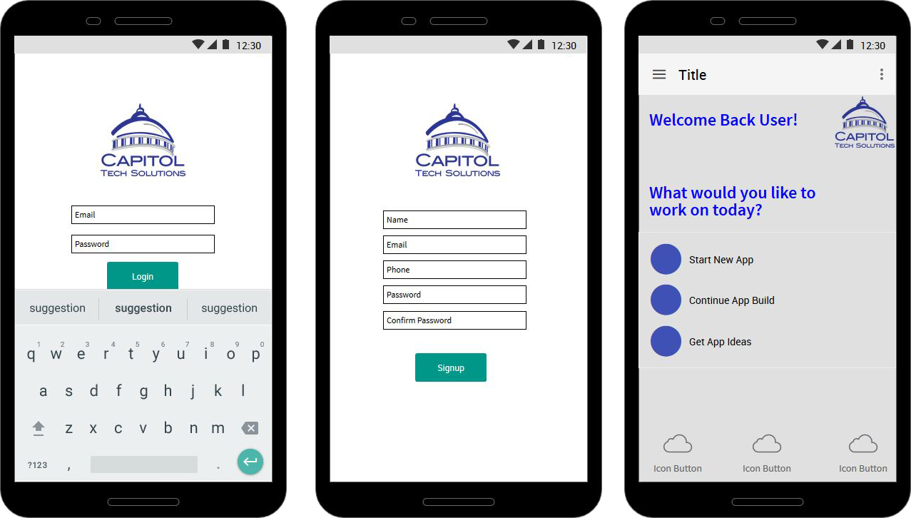 This image shows a basic initial wireframe designed for a Mobile App Development process