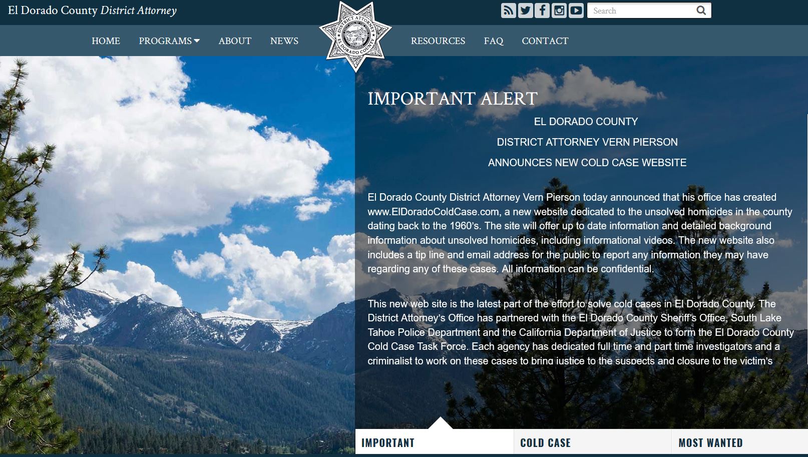 This screenshot shows the new El Dorado County District Attorney Micro-Site developed by CTS as part of their Social Media Marketing Strategy