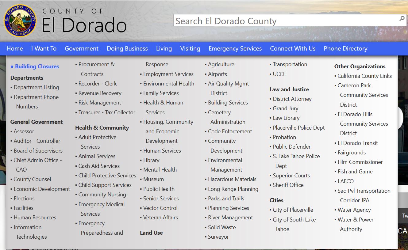 This screenshot show the difficulty of navigating the El Dorado County’s website to find the District Attorney’s webpage