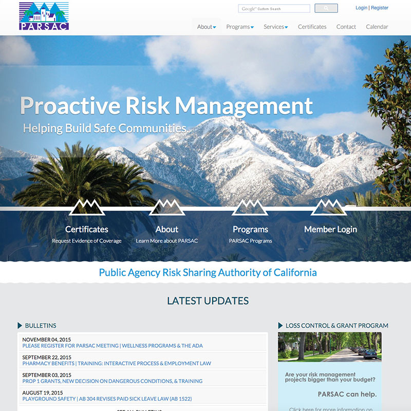 The Public Agency Risk Sharing Authority of California - PARSAC Website Design Screenshot 1