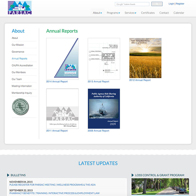 The Public Agency Risk Sharing Authority of California - PARSAC Website Design Screenshot 2