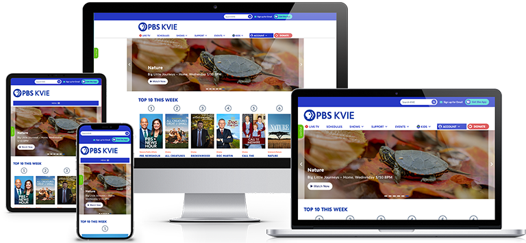 Various electronic devices displaying the PBS KVIE website, showcasing responsive web design on different screen sizes and platforms.