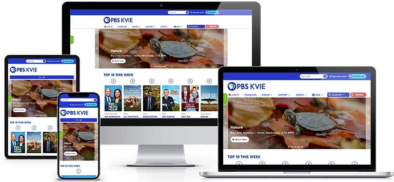 Various electronic devices displaying the PBS KVIE website, showcasing responsive web design on different screen sizes and platforms.