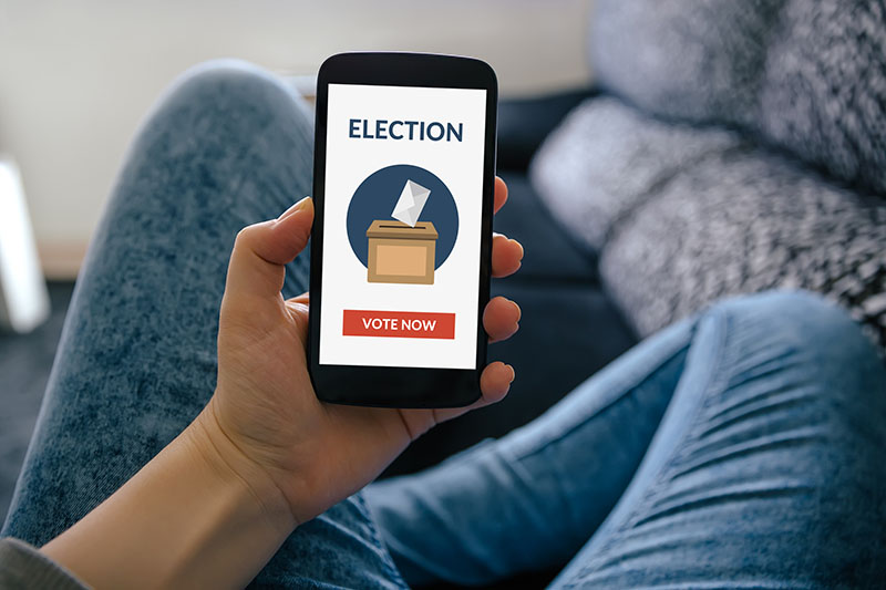 Photo of a voter using a mobile app to vote for a campaign. 