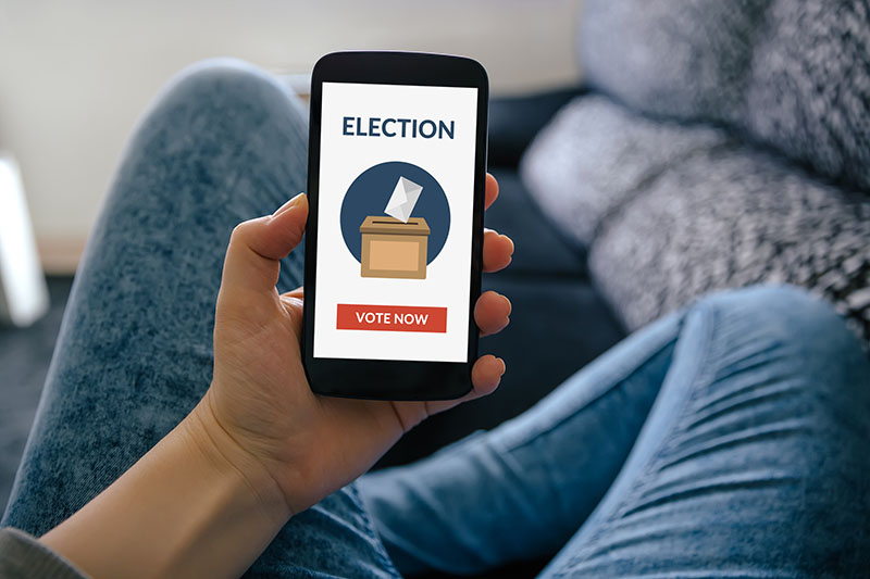 Photo of a voter using a mobile app to vote for a campaign.