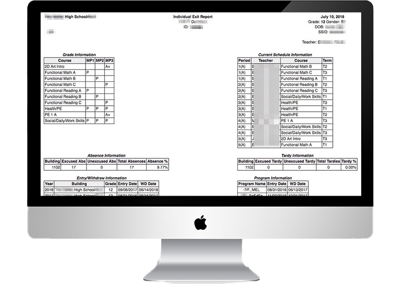 Screenshot Example of printable custom PowerSchool report