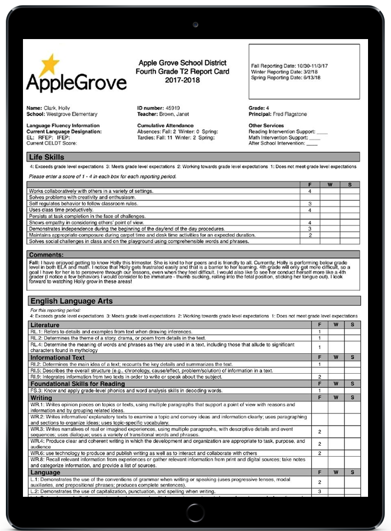 A single iPad displaying a PowerSchool Training Report Card 