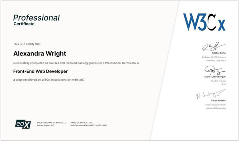 Professional certificate awarded to Alex wright for completing the front-end web developer certification from Edx
