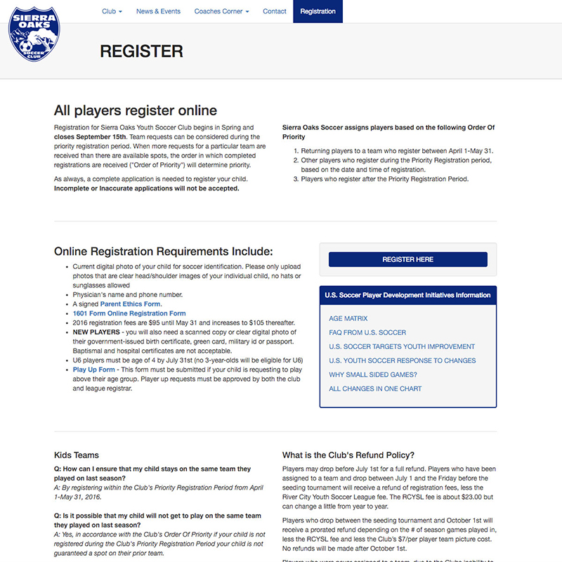 Sierra Oaks Soccer Website Design Screenshot 3