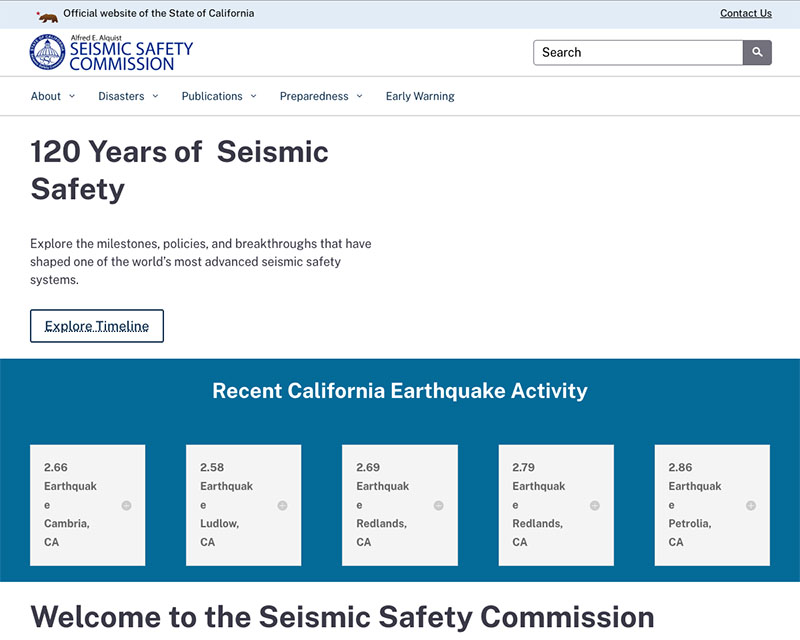 Before Screenshot of Seismic Safety Commission website redesign