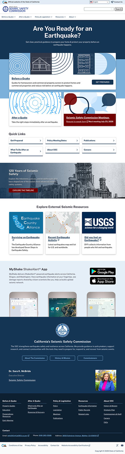 Seismic Safety Commission Website Homepage Screenshot