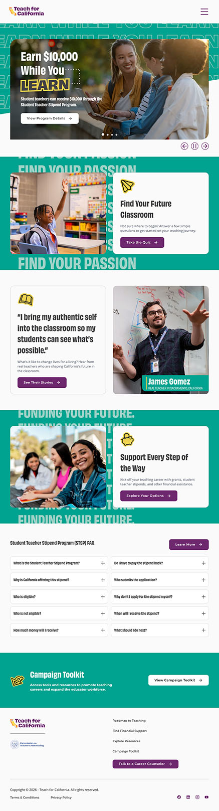 Teach for California Website Homepage Screenshot