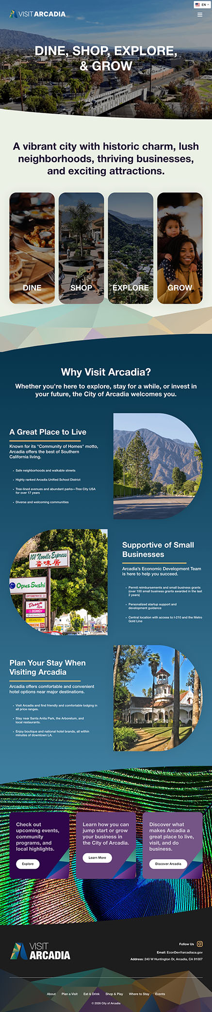 Visit Arcadia Website Homepage Screenshot