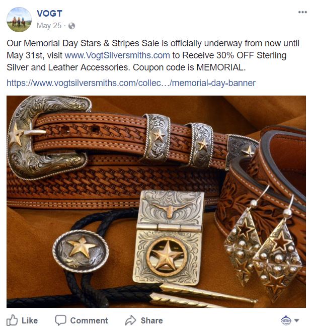 This is an image is an example of a Facebook Post created to promote a sale event for Vogt Silversmiths